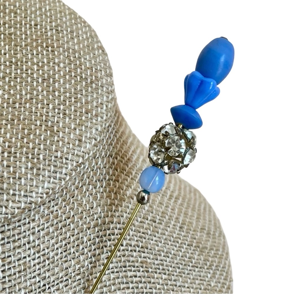 Vintage Blue Bead Hat Pin Glass Lucite And Rhinestone